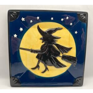 Halloween Decor Square 8" Plate Witch Broom Full Moon Stars Yellow Blue Black
